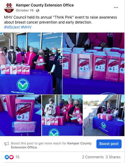 A Facebook post showing pink bags highlighting breast cancer awareness.